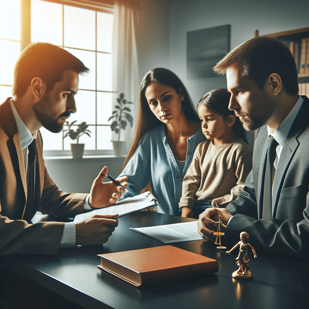 DALL·E-2024-01-11-16.00.19-A-lawyer-and-a-child-advocate-in-a-professional-setting-actively-discussing-a-case-with-a-family-involved-in-a-Child-Protective-Services-situation.-T
