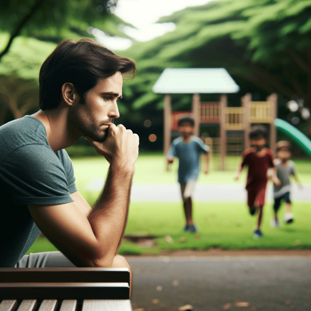 Man in deep thought sitting alone on a park bench, with children playing in the background, reflecting on family law and divorce issues.