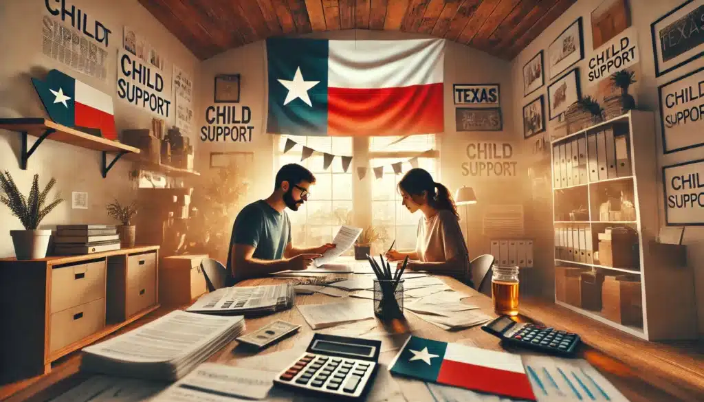 A wide-angle, photo-realistic, cinematic image illustrating the concept of child support in Texas. The image features two parents reviewing child support documents at a table, with a subtle Texas flag in the background. The room is bathed in warm, natural sunlight, giving off summer vibes. The setting feels calm and cooperative, as both parents discuss finances in a home office or living room, surrounded by paperwork, calculators, and other financial tools. The Texas theme is clear yet understated, with no visible camera equipment.