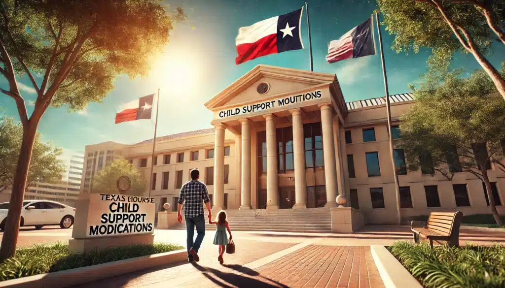 A wide-angle, photo-realistic, cinematic image illustrating Texas courts involved in child support modifications. The image features the exterior of a Texas courthouse under a bright summer sky, with the Texas flag prominently displayed. The setting includes a family walking toward the courthouse, holding documents related to child support modifications. The sun casts a warm, inviting glow over the scene, emphasizing a calm and orderly environment. The courthouse architecture reflects traditional Texas style, with clean lines and subtle state elements. The atmosphere captures the legal process in a peaceful, summer context. No visible camera equipment.