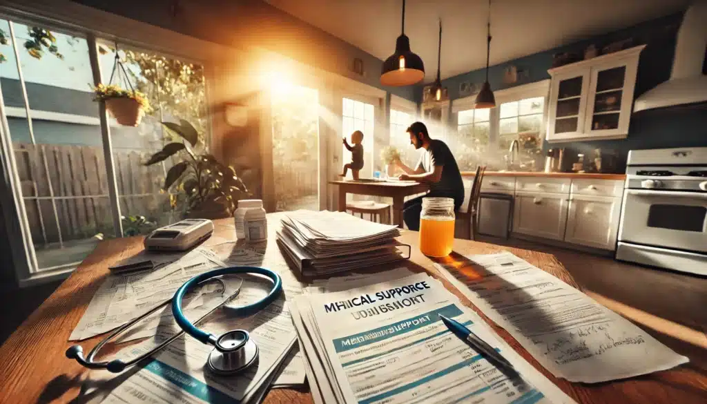 A wide-angle, photo-realistic, cinematic image illustrating the impact of medical insurance coverage on child support. The image shows a parent reviewing medical bills and child support documents at a kitchen table, with a stethoscope and medical paperwork scattered nearby. Sunlight streams in through a window, casting a warm summer glow over the scene. In the background, a child is playing, symbolizing the focus on their well-being. The setting captures the real-life connection between healthcare costs and child support obligations, emphasizing the financial planning aspect. No visible camera equipment.