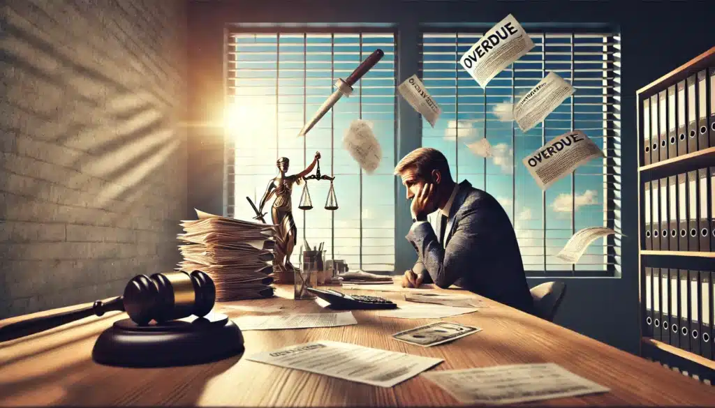 A wide-angle, photo-realistic, cinematic image illustrating the consequences of failing to pay child support. The image shows a parent sitting at a desk with overdue bills and legal documents scattered, looking concerned. In the background, legal symbols like a gavel and scales of justice subtly appear, representing impending legal actions. Outside the window, the summer sun shines brightly, contrasting the tense atmosphere inside. The scene captures the financial and legal burdens that come from unpaid child support, set against a peaceful, summer backdrop. No camera equipment visible.