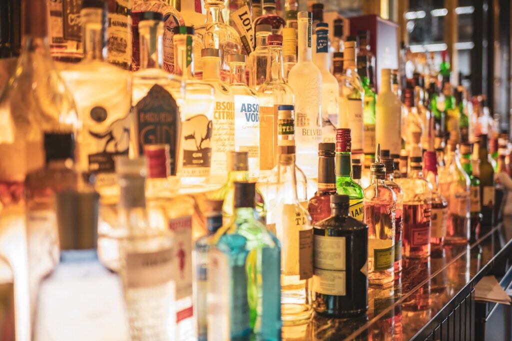 liquor bottles on a rack