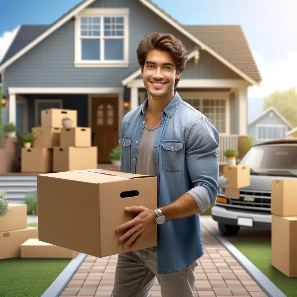 Smiling man holding a cardboard box in front of a house with moving boxes, representing the subleasing process and temporary accommodation solutions.