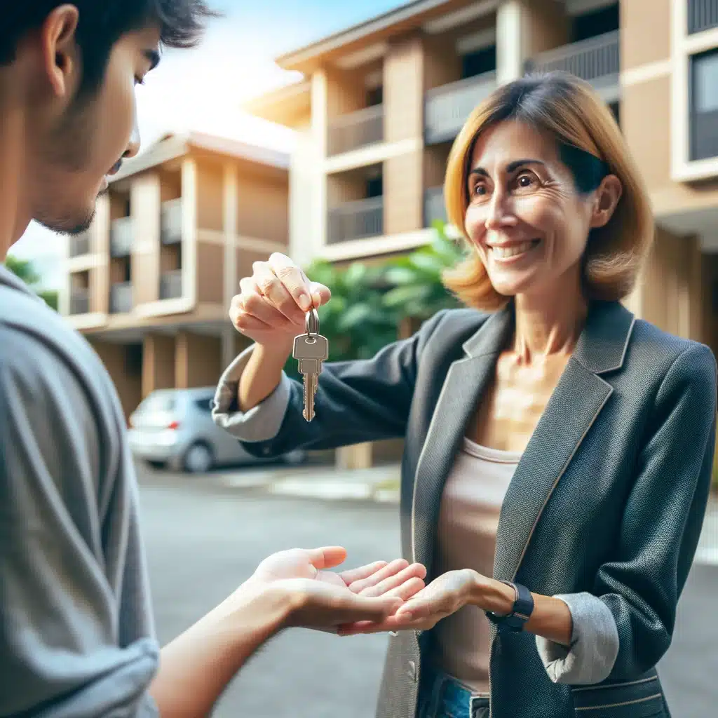 Woman handing keys to a man in front of an apartment complex, symbolizing the subleasing process and tenant rights in Texas.