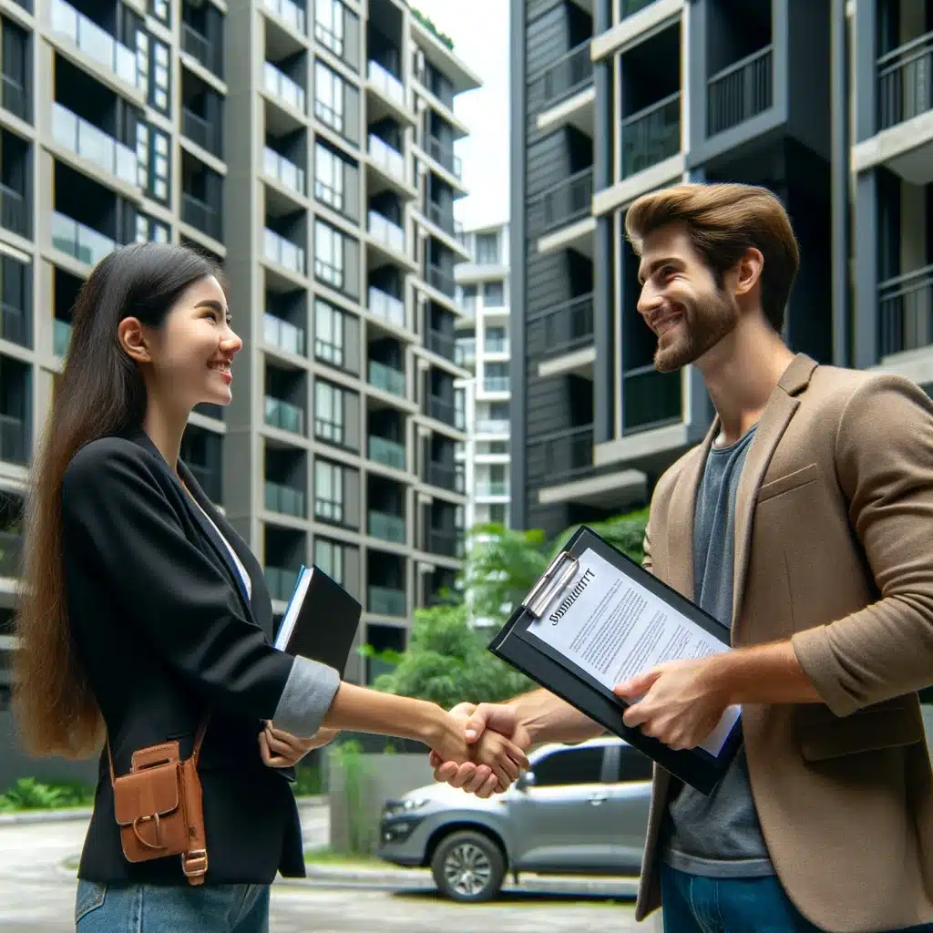 Young professional couple shaking hands outside modern apartment buildings, exchanging documents related to a sublease agreement.