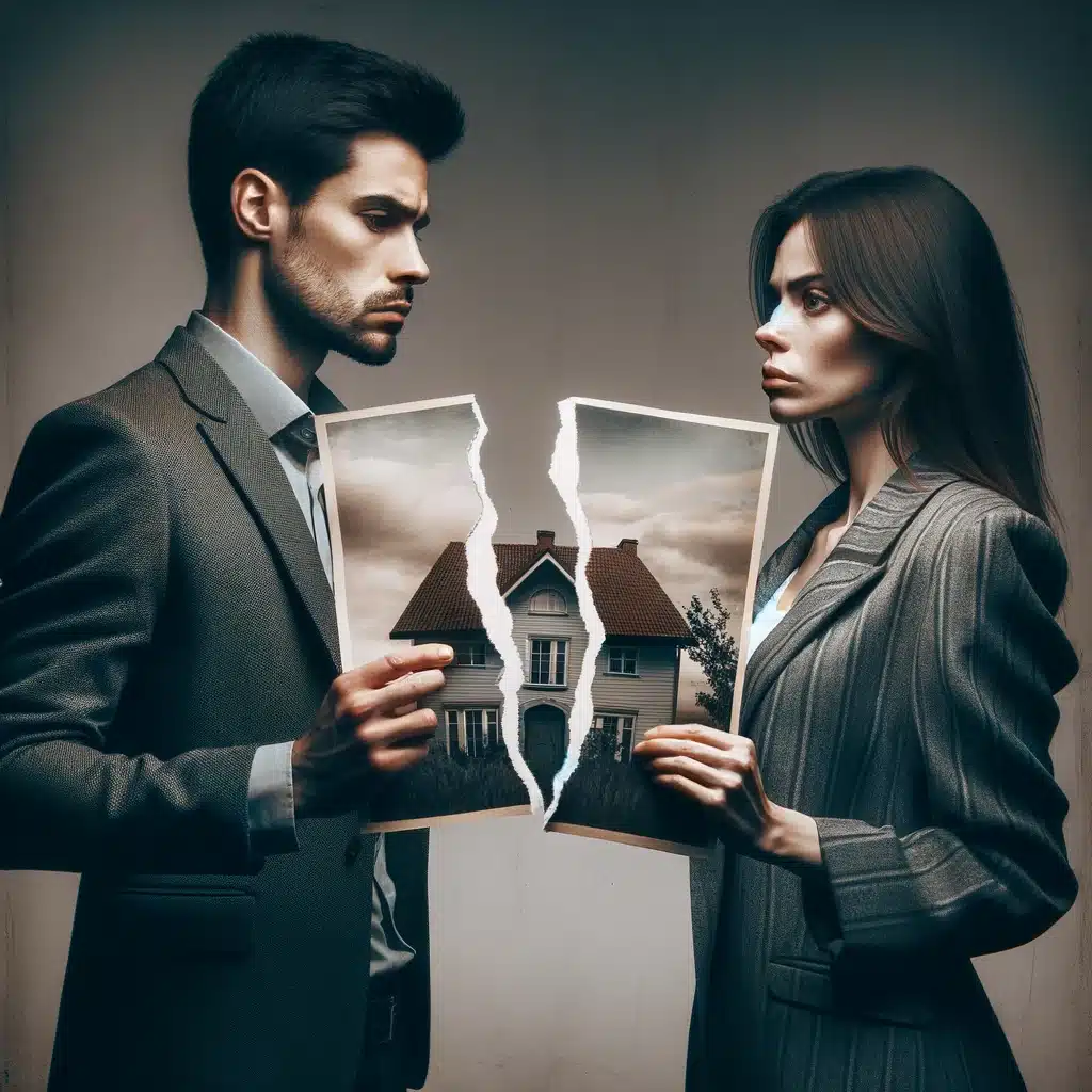 Divorcing couple holding torn photographs of a house, symbolizing property division and the emotional tension of asset division during divorce proceedings.