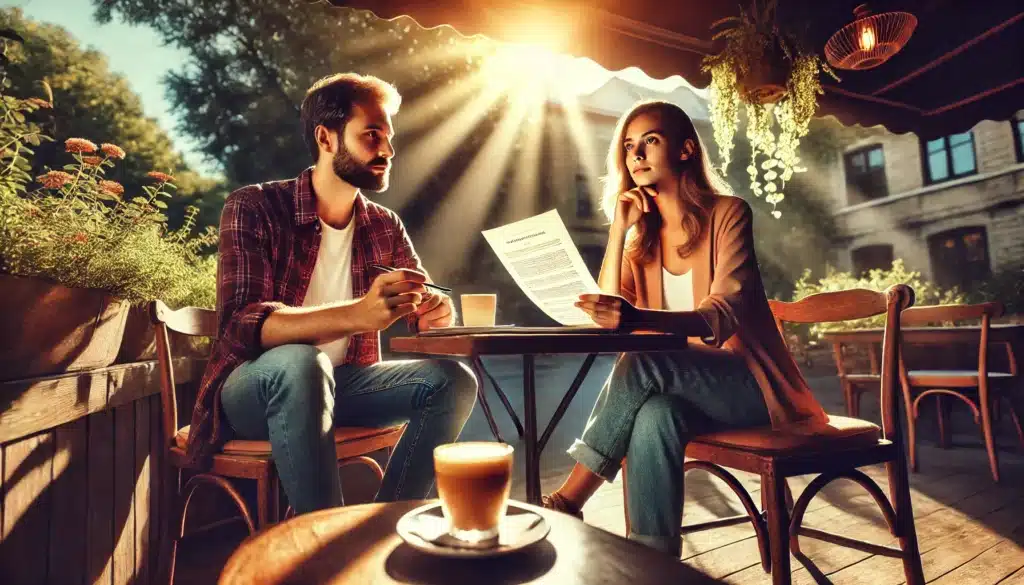 A wide-angle, cinematic, photo-realistic image depicting a couple in a casual setting, representing the difference between common law marriage versus cohabitation in Texas. The couple is sitting in a cozy outdoor café, enjoying a relaxed conversation. One partner is holding a legal document, while the other looks thoughtfully at it. The scene is bathed in warm, golden sunlight, creating a serene and peaceful summer atmosphere with greenery in the background, representing the personal reflection and legal complexity of their relationship.