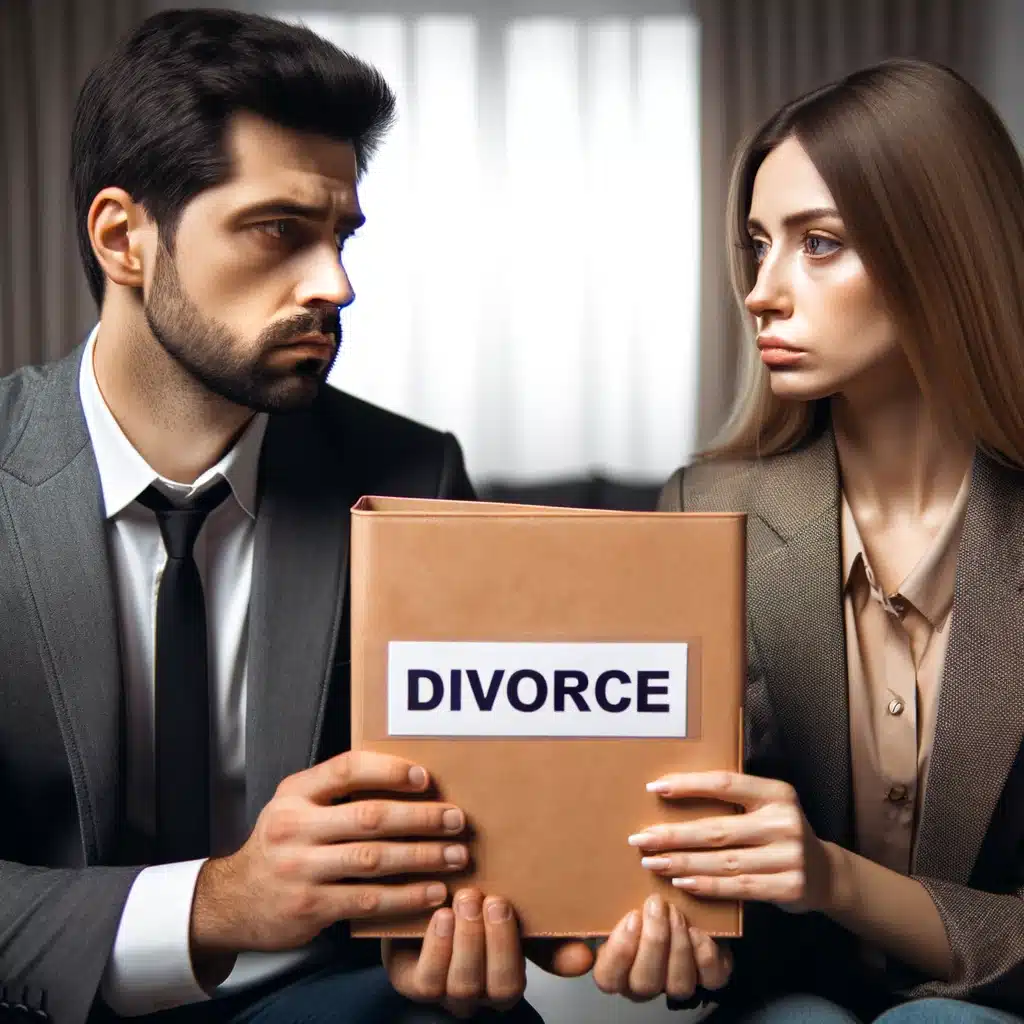 Man and woman holding folder labeled "DIVORCE," facing each other with serious expressions, symbolizing the emotional challenges of the divorce process.