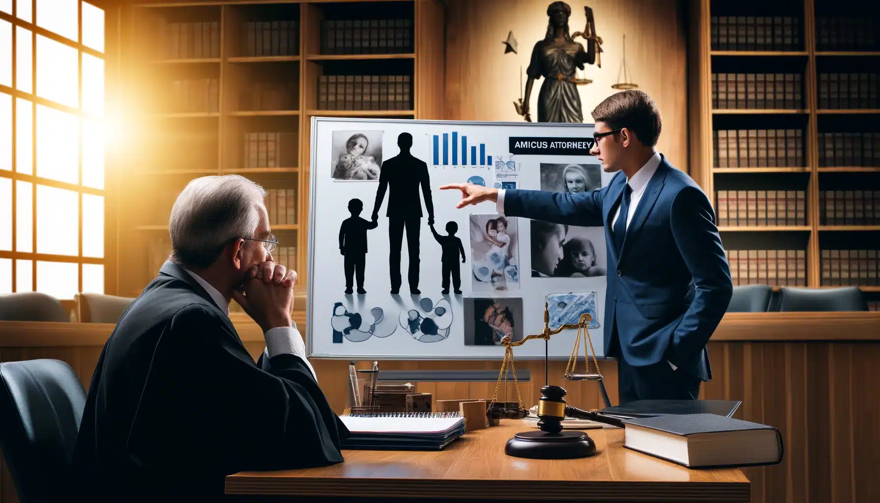 Courtroom scene depicting an amicus attorney presenting evidence in a child custody case, with visuals of families and children on a display board, while a judge observes attentively.