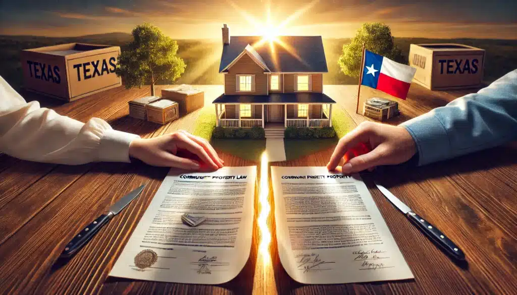 A wide-angle, photo-realistic, cinematic image illustrating the concept of community property law in Texas, highlighting the division of marital property. The scene features symbolic elements, such as a house and financial documents being split down the middle, with two hands (representing a couple) on either side. The image is set against a warm summer day, with soft sunlight streaming through, emphasizing a sense of negotiation and division. The setting includes subtle Texas elements, like a small Texas flag or a Texas landscape in the background, creating a symbolic and peaceful atmosphere.