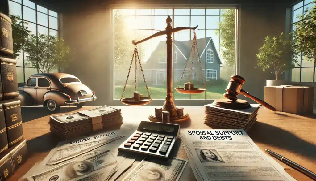 A wide-angle, photo-realistic, cinematic image depicting the impact of spousal support and debts in a divorce case. The scene features symbolic elements such as a stack of bills, financial documents, and scales balancing spousal support payments on one side and debts on the other. Soft summer sunlight streams through large windows, adding a peaceful vibe. The background includes subtle elements like a home and car to represent shared assets, emphasizing the financial obligations in a divorce. The setting conveys a sense of negotiation, financial pressure, and resolution in a warm, summer atmosphere.