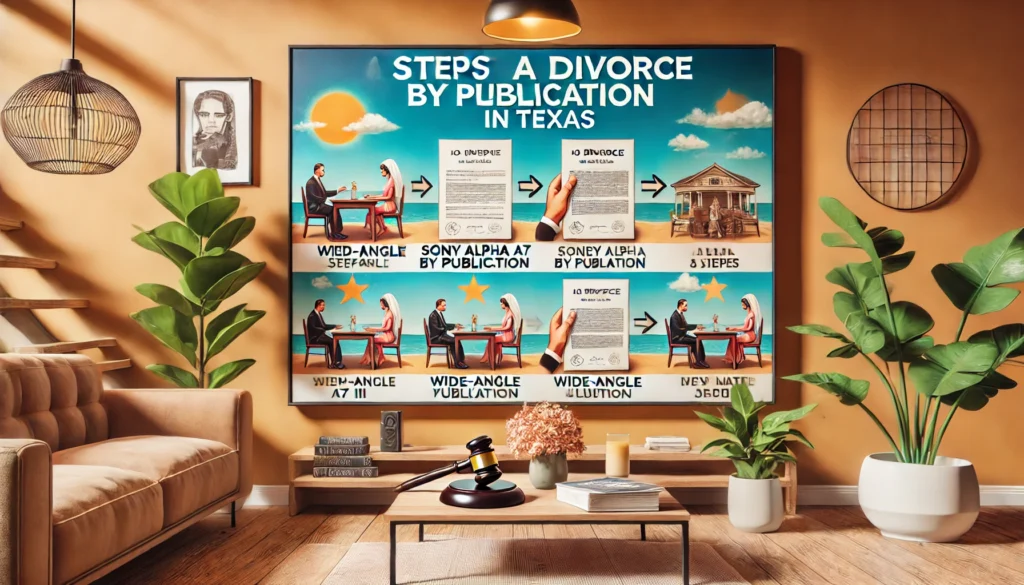 A step-by-step illustration of the steps to obtain a divorce by publication in Texas.