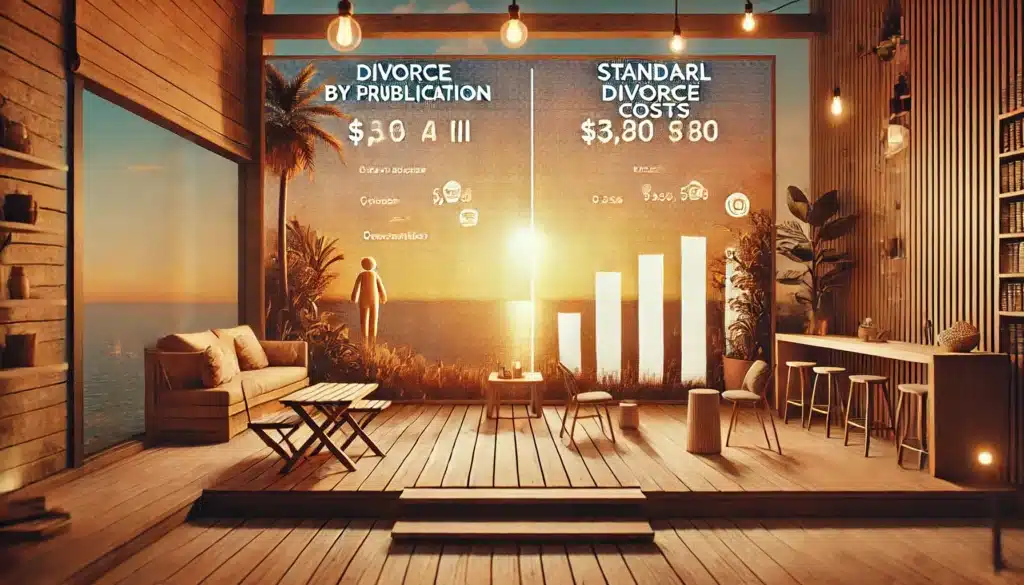 A visual representation of the costs involved in divorce by publication compared to standard divorce costs.