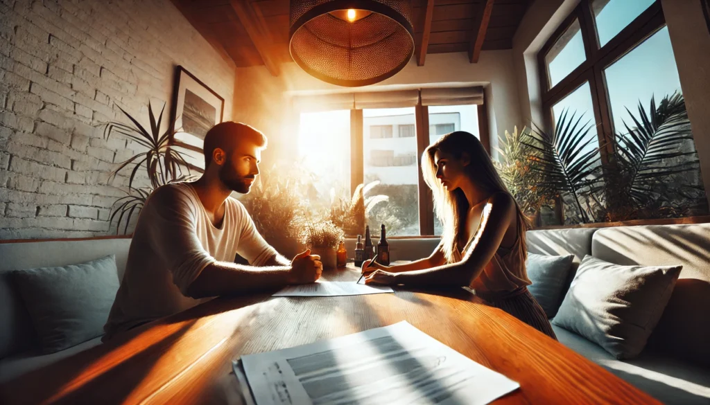 An illustration depicting a couple discussing papers