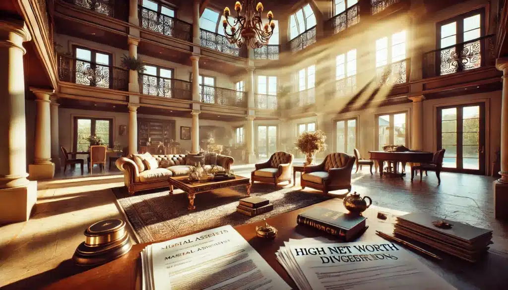 An illustration depicting high net worth divorce considerations in Texas, showcasing various marital assets and legal documents.