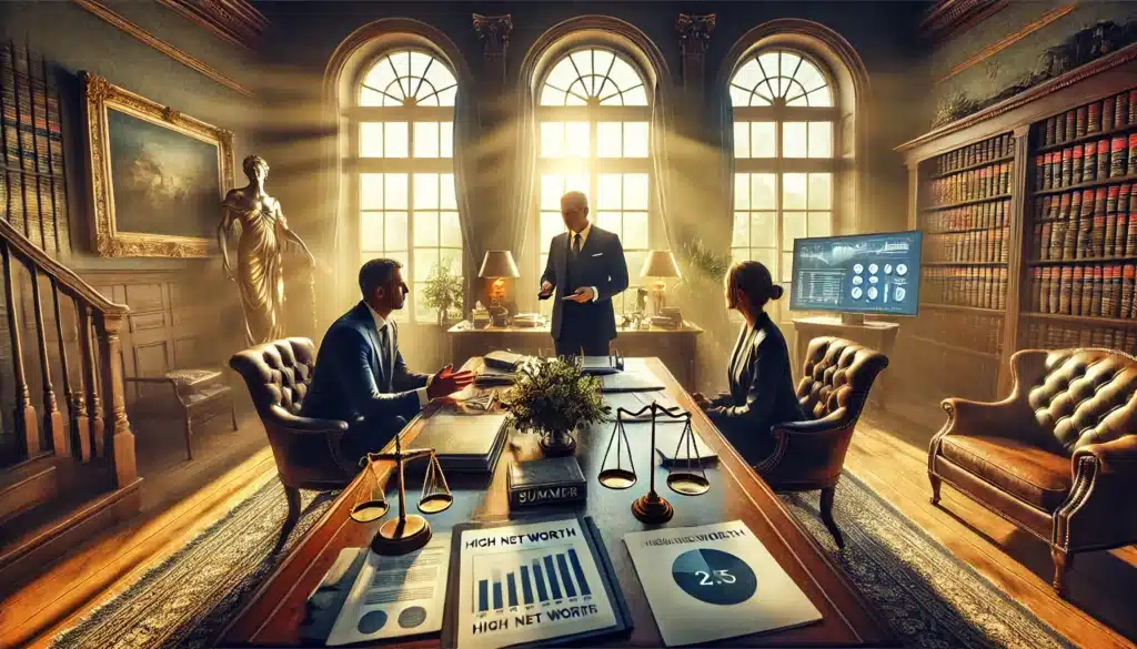 An illustration of a skilled attorney advising clients in a high net worth divorce case.