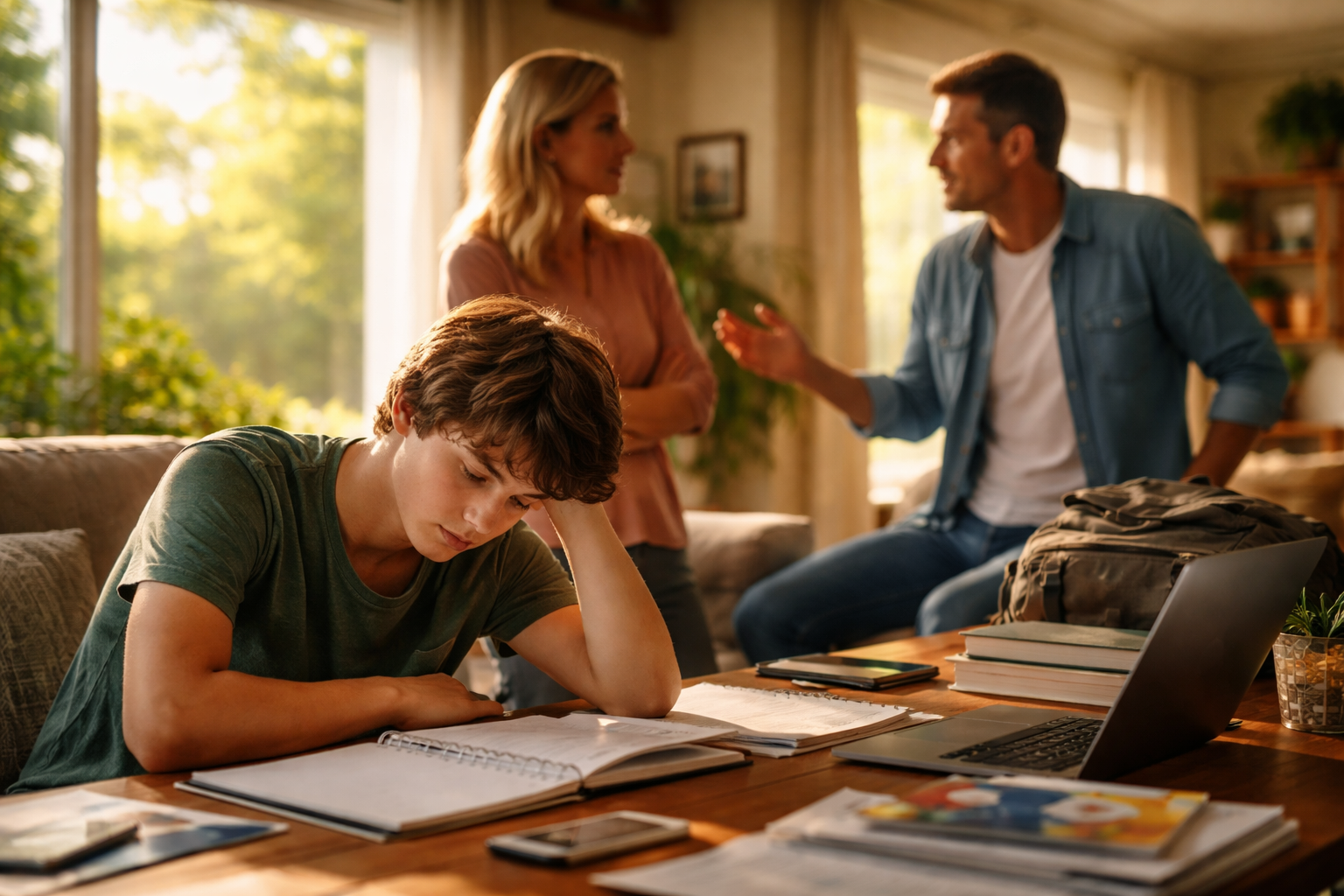 A Texas family experiencing divorce-related stress as a teenager struggles with schoolwork while parents argue in the background.