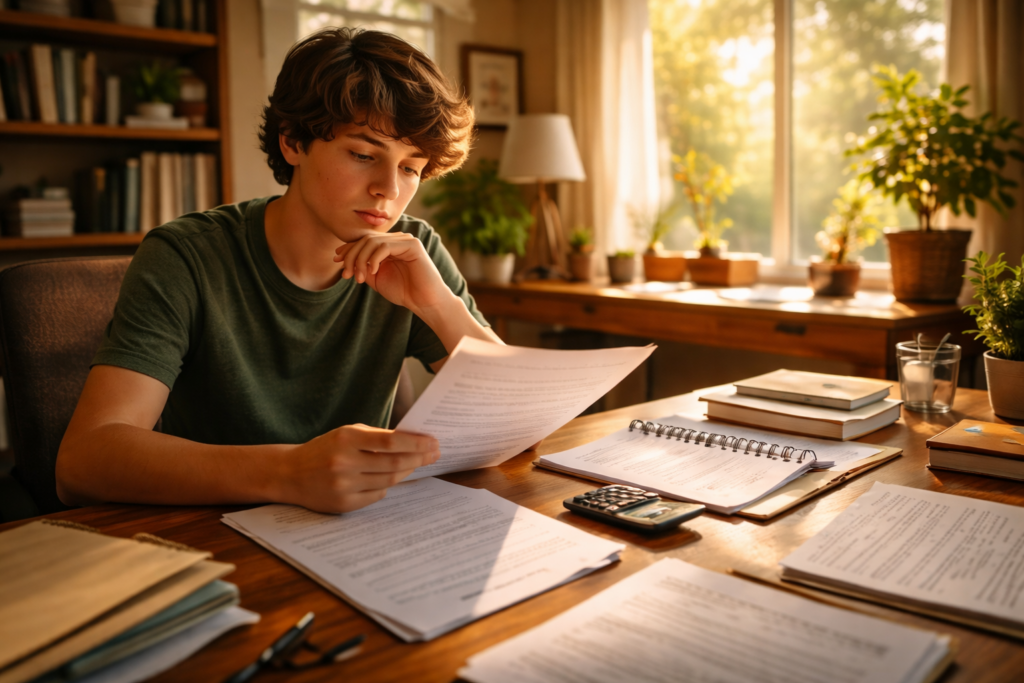 A thoughtful teenager sits at a desk in a home office, reviewing paperwork related to the emancipation process. The young person appears focused, contemplating their legal rights and the steps needed to manage their own financial affairs as they seek independence from their legal guardian.