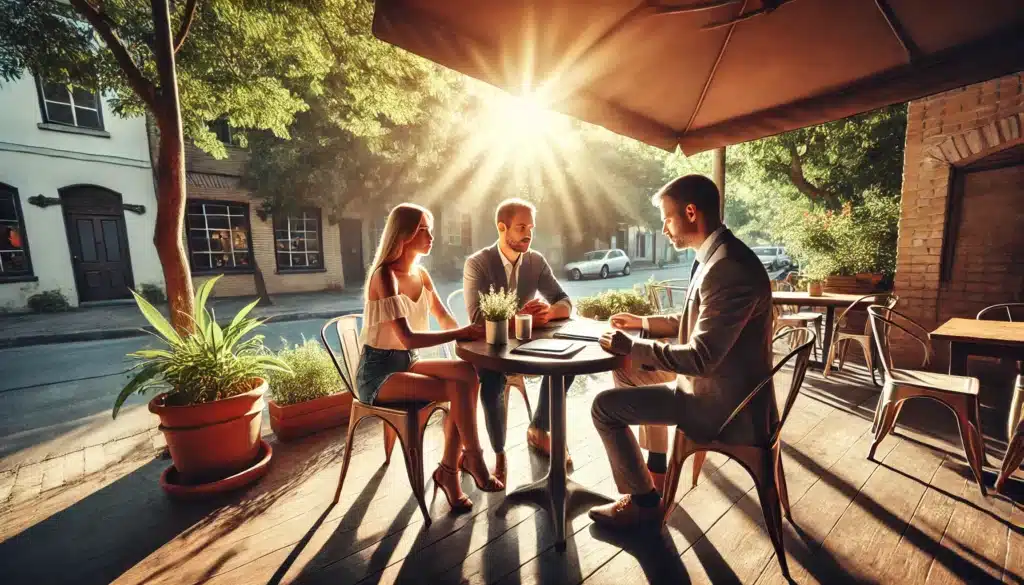 A wide-angle, photo-realistic, cinematic image with summer vibes. The scene shows a couple sitting at an outdoor café on a sunny day, discussing their divorce needs with a lawyer. The lawyer is seated across from them, with paperwork on the table. The setting includes warm sunlight filtering through trees, soft shadows, and a calm, thoughtful atmosphere. The image captures the essence of choosing the right divorce lawyer for Texas couples, with the couple appearing focused but calm, while the lawyer listens attentively. The background includes green foliage and the café surroundings, contributing to the peaceful summer mood.