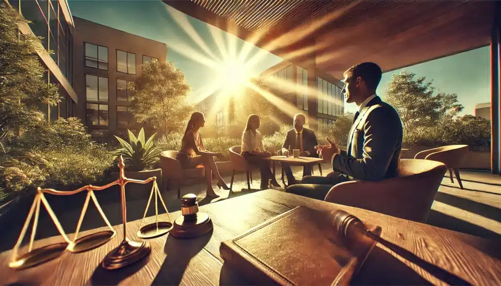 A wide-angle, photo-realistic, cinematic image with summer vibes, representing essential qualities in a divorce lawyer. The scene shows a lawyer in a professional setting, perhaps outdoors in a sunlit office patio, talking confidently with clients, emphasizing qualities like experience and communication skills. The image captures a calm yet focused atmosphere, with warm sunlight casting soft shadows. The lawyer's gestures suggest active listening and thoughtful advice, while the surrounding environment, with greenery and a clear blue sky, adds to the relaxed, summer vibe. The composition reflects trust and professionalism.