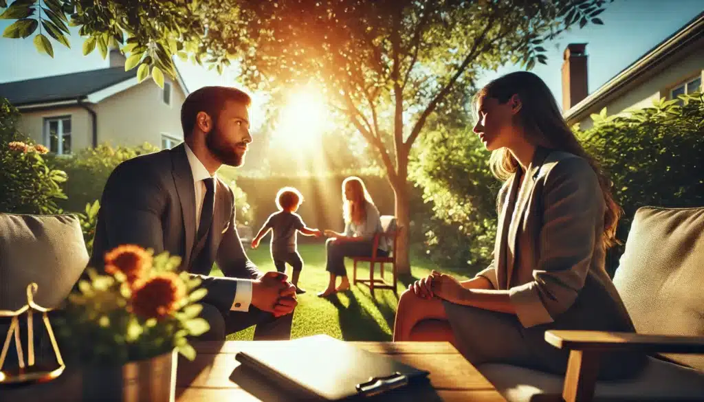 A wide-angle, photo-realistic, cinematic image with summer vibes depicting the role of child custody in divorce proceedings. The scene shows a family, including a lawyer, seated outdoors on a sunny day in a peaceful park or patio. The parents are discussing child custody with the lawyer, while a child plays in the background, symbolizing family dynamics. The lawyer is attentive and professional, reflecting a focus on ensuring the best interests of the child. The atmosphere is warm and thoughtful, with sunlight filtering through trees, soft shadows, and vibrant greenery in the background. The image captures the sensitivity and importance of child custody discussions in divorce proceedings.
