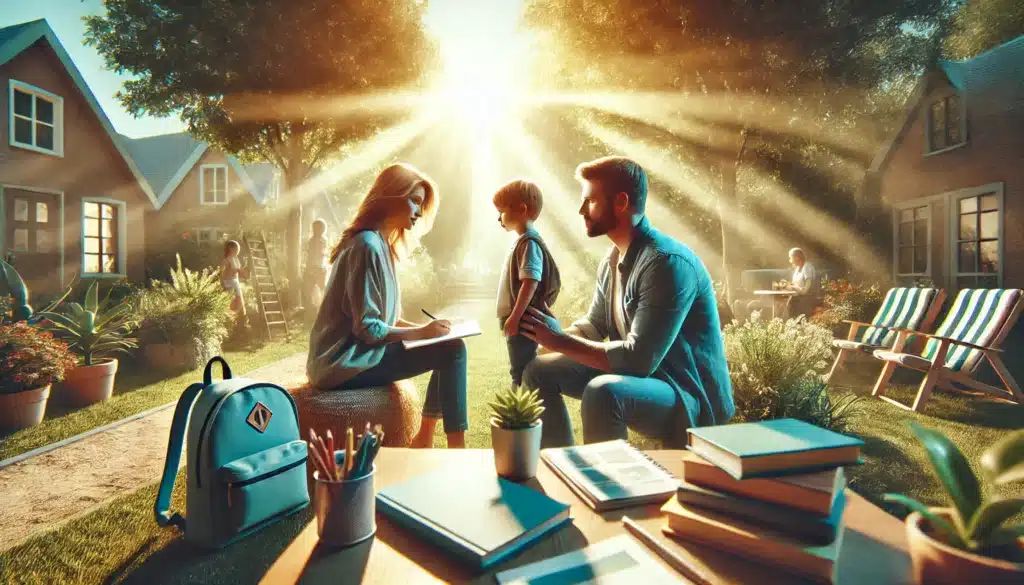 A wide-angle, photo-realistic, cinematic image with summer vibes depicting the support of a child's education during divorce. The scene shows parents and a child sitting outdoors at a table in a sunny park or garden. The parents are discussing education plans with a teacher or school counselor, emphasizing stability and consistency. In the background, there are books, educational materials, and a backpack, symbolizing the importance of schooling. The child is engaged in a playful yet thoughtful activity, highlighting their growth. The atmosphere is calm, warm, and supportive, with sunlight filtering through trees, creating a serene and secure setting that emphasizes the importance of stability during divorce.