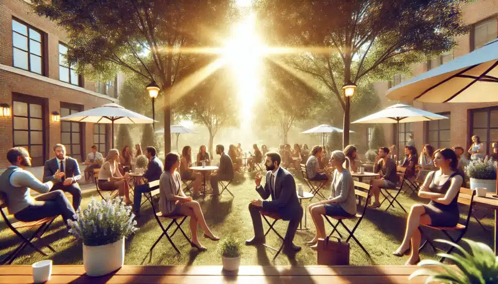 A wide-angle, photo-realistic, cinematic image with summer vibes depicting real-life testimonials related to divorce experiences, showcasing diverse perspectives. The scene features various individuals seated in an outdoor park or café on a sunny day, each engaged in deep conversation or reflection. The atmosphere is thoughtful and warm, with sunlight filtering through trees, casting soft shadows. Some people appear to be sharing their stories with a lawyer, while others are reflecting on their experiences alone. The surrounding environment has lush greenery and an inviting, relaxed mood that symbolizes understanding, healing, and diverse perspectives on divorce.