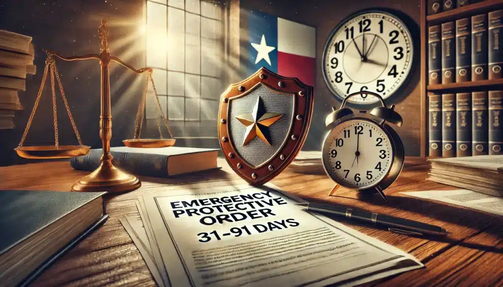 A wide-angle, photo-realistic, cinematic image visually representing the duration and protections of emergency protective orders. The scene shows a protective shield symbol on legal documents with 'Emergency Protective Order' written on them, accompanied by a clock and calendar to symbolize the time frame (31-91 days). Sunlight streams through the windows, casting a warm, summer glow on the scene. The Texas state flag is subtly displayed in the background, reinforcing the jurisdiction. The overall mood conveys security, law, and protection over time.