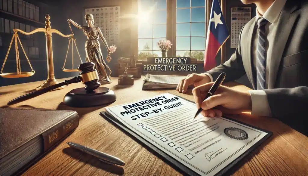 A wide-angle, photo-realistic, cinematic image visually representing a step-by-step guide on how to file for an emergency protective order. The scene shows a desk with a checklist, a pen, legal documents titled 'Emergency Protective Order,' and a person’s hands filling out paperwork. Sunlight streams through the window, casting a summer glow on the scene. A gavel, scales of justice, and a calendar are visible, symbolizing the legal process and timing involved. The Texas state flag is subtly displayed in the background, reinforcing the local jurisdiction. The mood is inviting but serious, emphasizing the importance of the process.