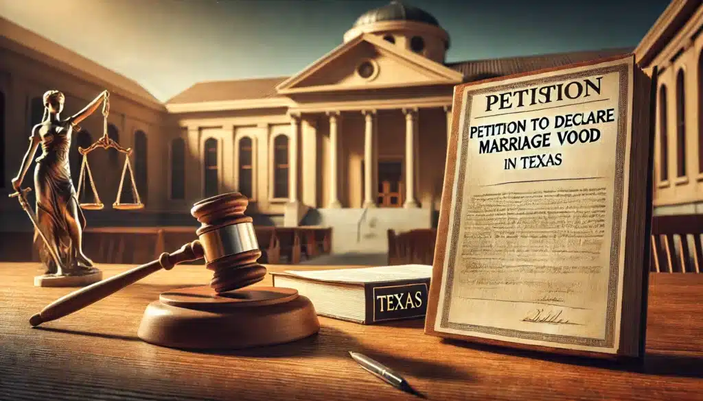 A wide-angle, photo-realistic, cinematic illustration representing the steps to file a petition to declare marriage void in Texas. The image features a legal document labeled 'Petition to Declare Marriage Void' on a wooden desk, with a judge’s gavel and a Texas law book beside it. In the background, a courthouse bathed in warm summer light symbolizes the legal process. The overall composition conveys a professional and authoritative tone, highlighting the legal journey involved.