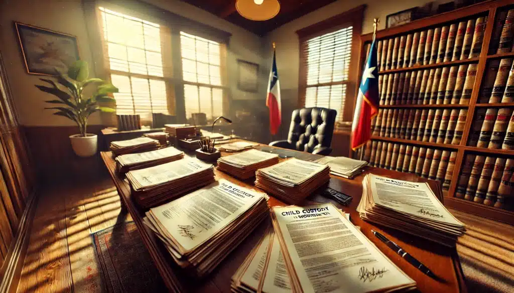 An illustration depicting legal documents related to child custody modification in Texas.