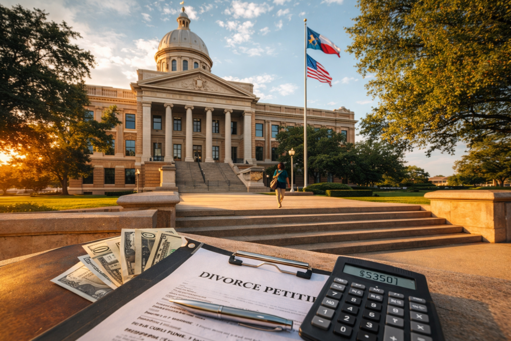 Wide-angle view of a Texas courthouse in summer light with divorce paperwork, cash, and a calculator in the foreground representing court filing fees and divorce costs