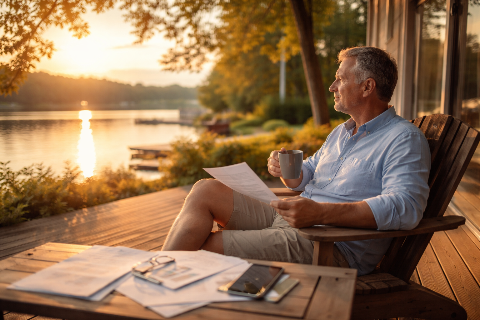 A man reviewing retirement documents on a lakeside deck at sunset, reflecting on financial stability after divorce