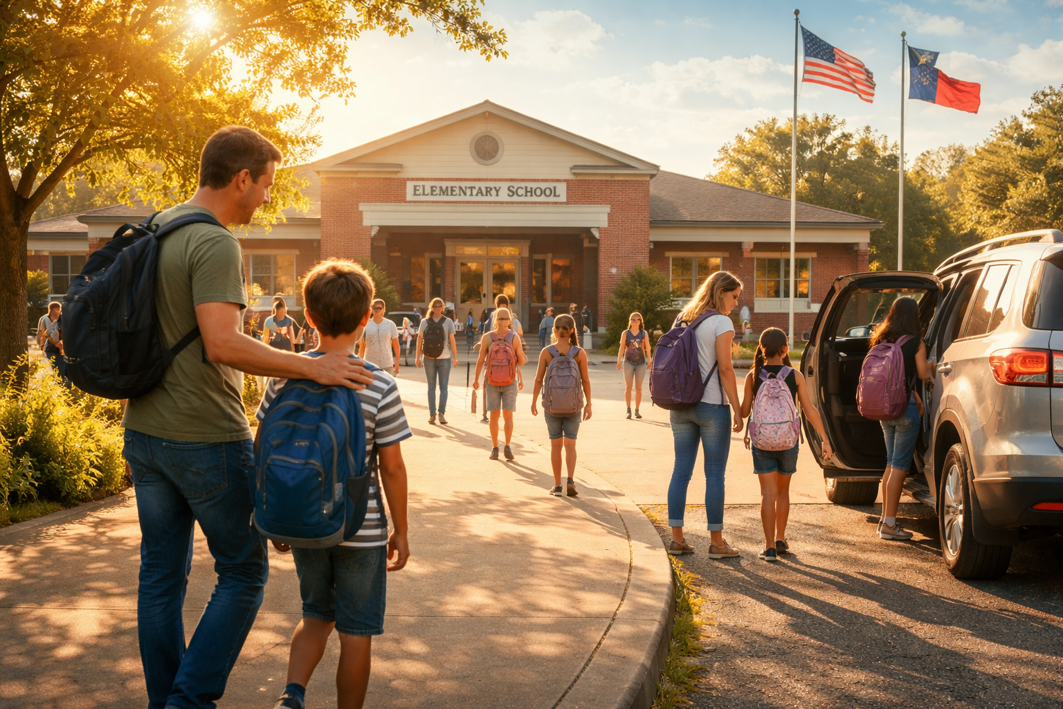 Parents and children arriving at a Texas elementary school during morning drop-off, highlighting how child custody and education decisions affect daily family life.