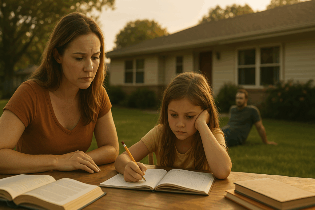 A Texas mother helps her young daughter with homework on the porch at sunset, symbolizing family stability after divorce.
