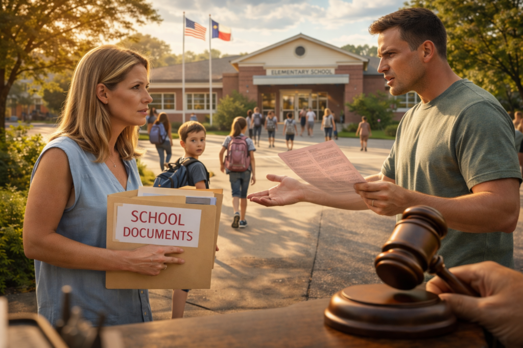 Parents arguing over school documents outside a Texas elementary school as a child looks on, illustrating common custody mistakes that can affect a child’s education and stability.