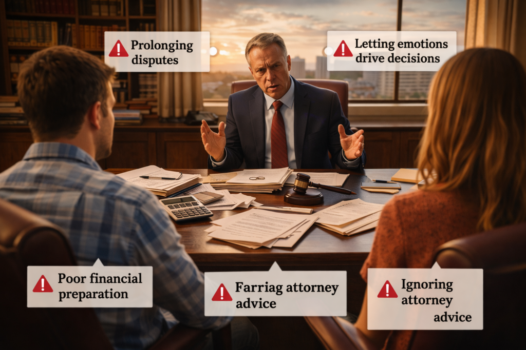 Wide-angle image of a couple meeting with a Texas divorce attorney at a cluttered desk, illustrating common mistakes that increase divorce costs such as emotional decisions and poor financial preparation
