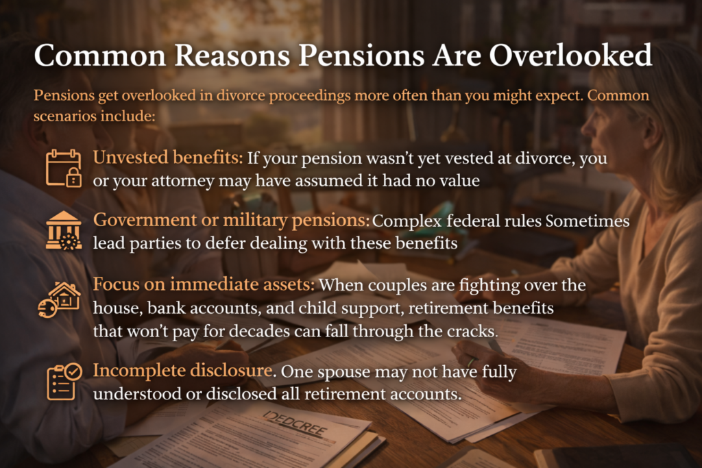 Couple reviewing divorce paperwork at a table with on-screen text explaining common reasons pensions are overlooked during divorce