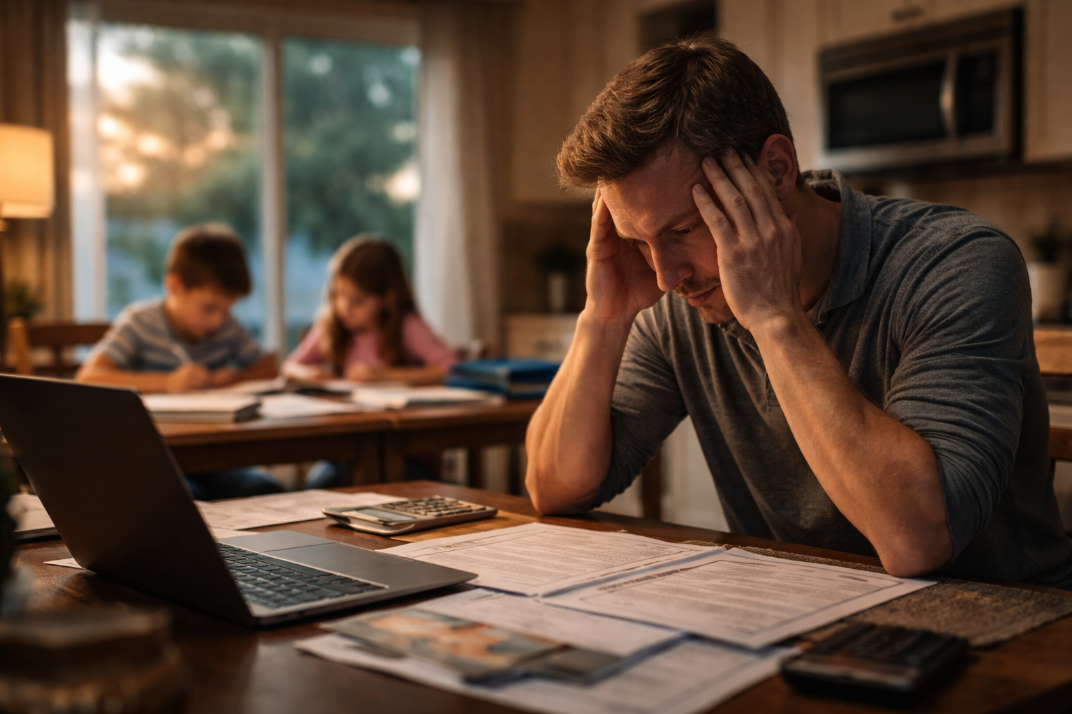A stressed Texas parent reviewing divorce paperwork at a kitchen table while children work on homework in the background