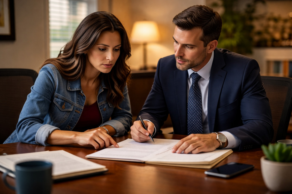 A parent and a family law attorney are seated together in a conference room, intently reviewing legal documents related to a child protective services (CPS) case. The atmosphere is focused as they discuss the child's safety and the legal proceedings necessary to ensure a safe and stable environment for the child involved.