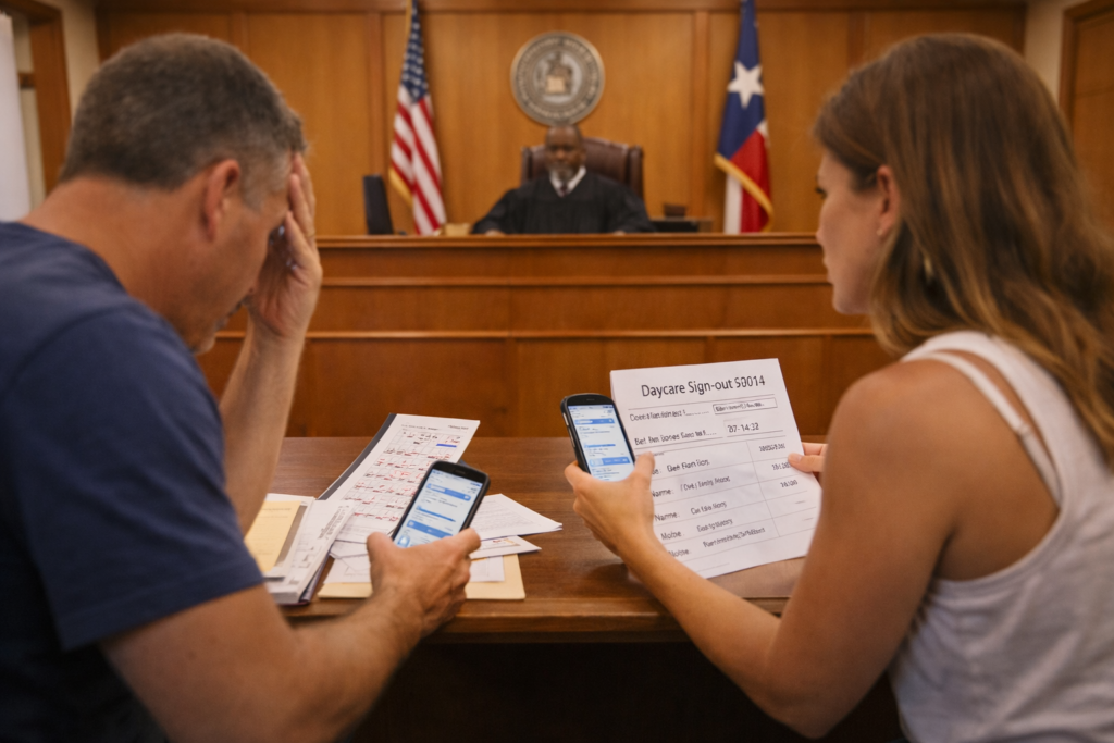 Wide-angle, photo-realistic courtroom scene in Texas showing two parents seated at a table reviewing text messages and childcare records on their phones while a judge presides in the background, illustrating the enforcement of a Right of First Refusal dispute.