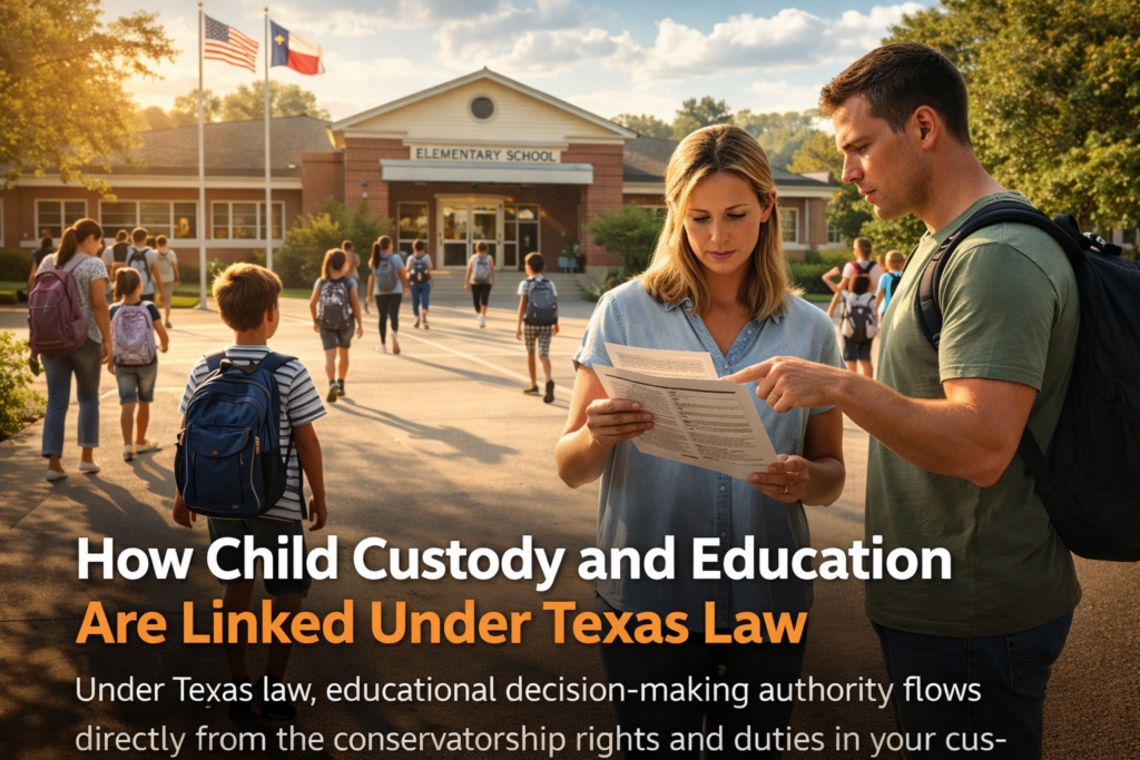 Parents reviewing custody paperwork outside a Texas elementary school as children arrive for class, illustrating how child custody decisions affect education and daily routines.