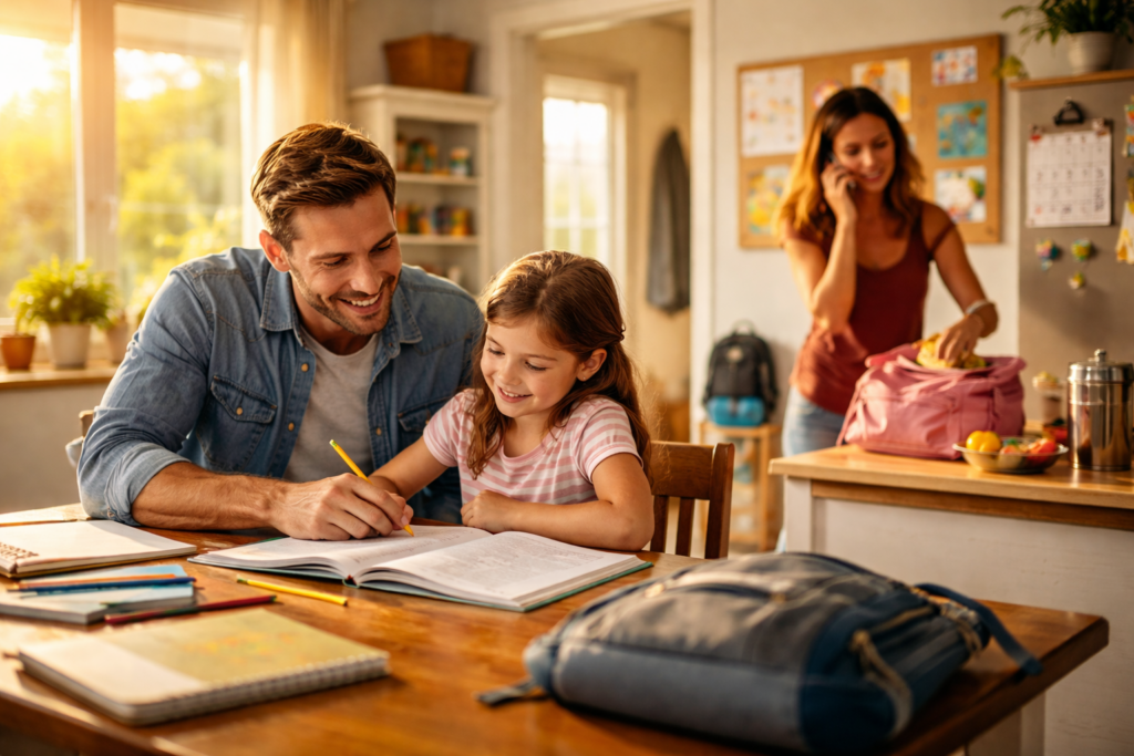 A parent helping a child with homework at a kitchen table while the other parent prepares nearby, showing a stable home environment and supportive co-parenting focused on the child’s best interest.