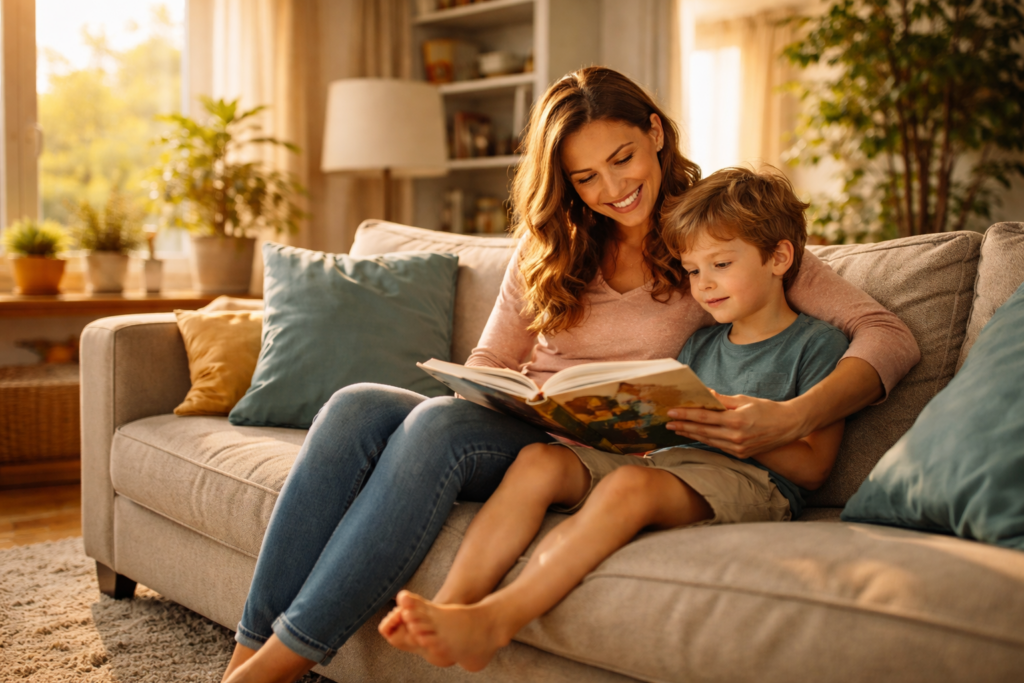 A parent and child are sitting together on a cozy couch in a living room, deeply engaged in reading a book, illustrating the importance of nurturing the existing parent-child relationship and supporting the child's emotional development. This scene highlights the significance of a safe and loving environment for the child's well-being and future.