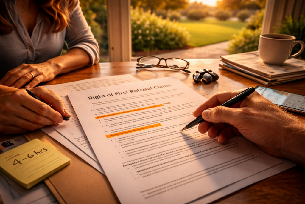 Two parents review and mark a Right of First Refusal clause in a Texas divorce order at a sunlit table, showing clear drafting of custody terms and communication requirements.