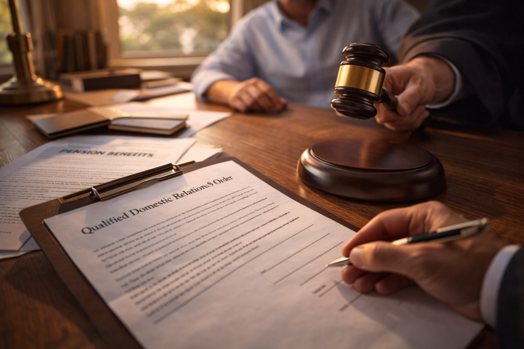 Close-up of a QDRO document on a desk with a judge’s gavel, symbolizing court approval of pension division after divorce