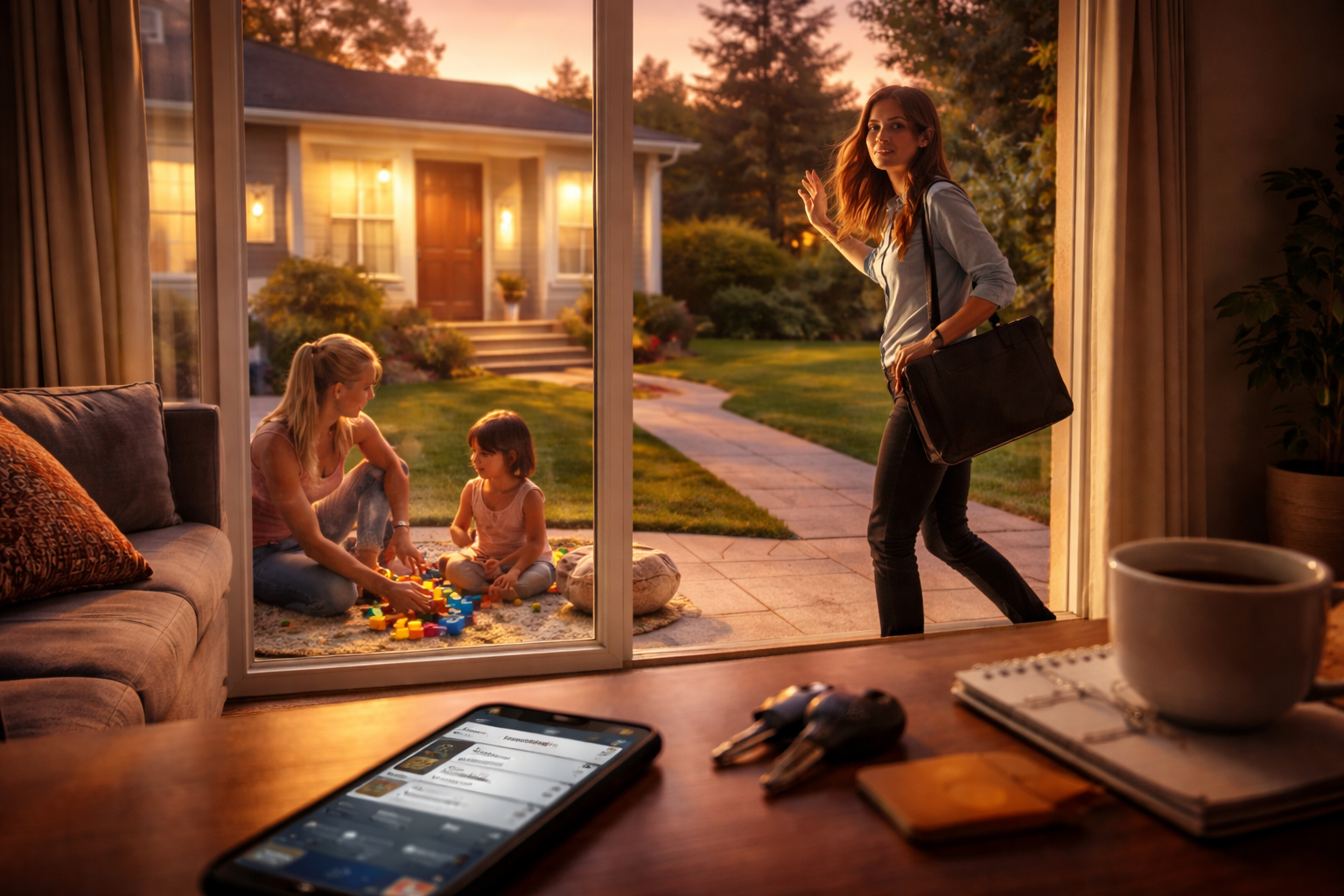 A parent leaving for work while a babysitter cares for children at home, highlighting a custody conflict involving right of first refusal in Texas divorce.