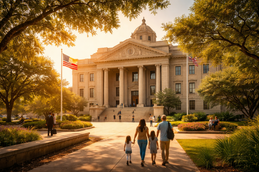 A family walking toward a Texas courthouse on a sunny summer afternoon, symbolizing how Texas custody decisions prioritize a child’s safety, stability, and best interests.