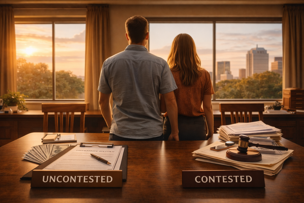 Wide-angle image of a couple in a Texas law office standing between organized uncontested divorce documents and stacked contested divorce paperwork in warm summer light